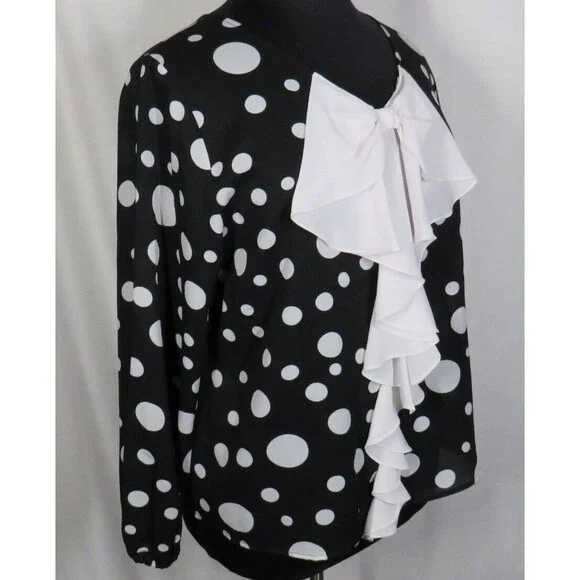 Women's Black And White Polka Dot Ruffled Bow Blouse Size XL - Picture 7 of 7